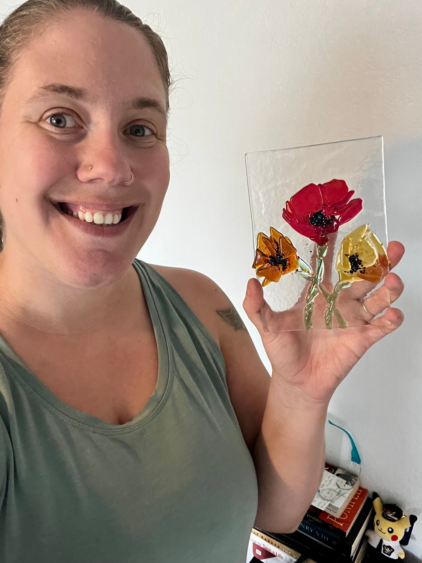 Fused Glass Poppies with Solid Oak Stand