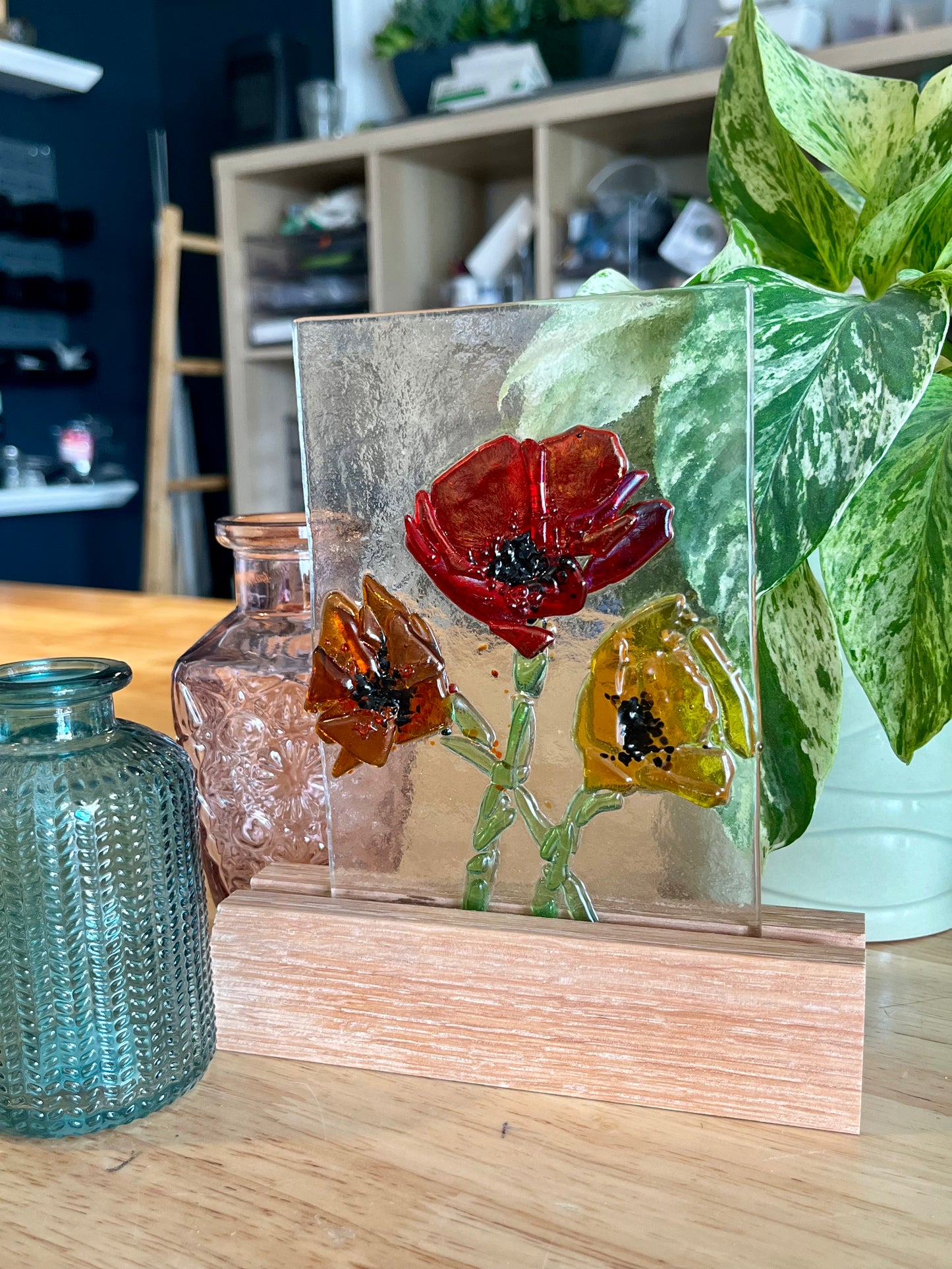 Fused Glass Poppies with Solid Oak Stand