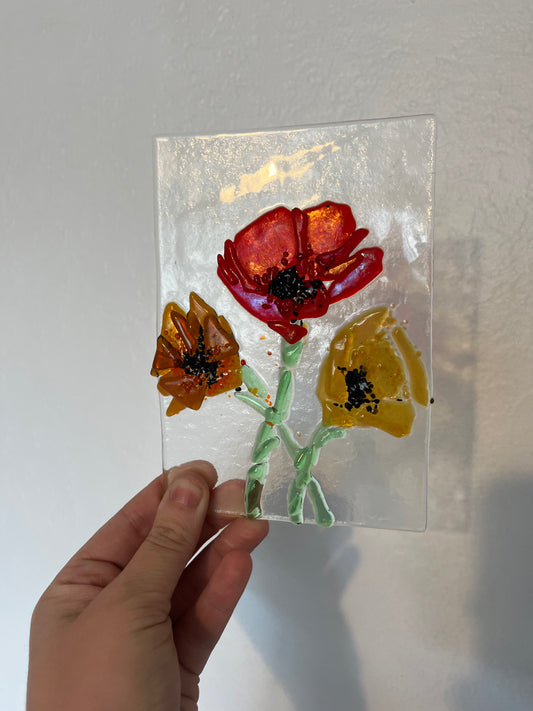 Fused Glass Poppies with Solid Oak Stand