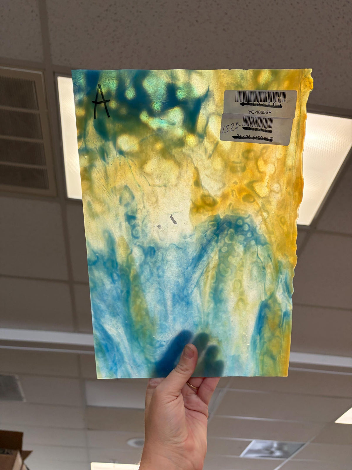 Youghiogheny White Ice Turquoise Cobalt Blue Silver Yellow Stipple YO 1665SP , Art Glass for Stained Glass and Mosaics, Sheet Sizes 8x12"